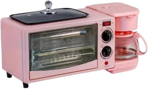 BQQB 家庭用朝食メーカー ミニ オーブントースター オーブントースター コーヒーメーカー オーブン 3-in-1 多機能 サンドイッチ朝食メーカー 1050W ハイパワー グリル調理 110V オーブン トレイ付き 下ヒーター タイマー機能 温度調整機能 朝食と昼食 家庭用コーヒーメーカー付きオーブン (ピンク)